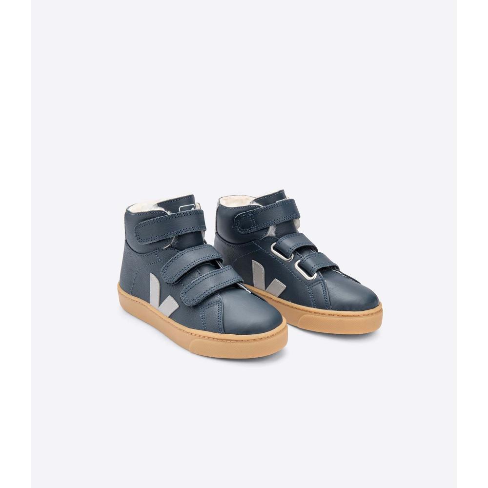 Kids' Veja ESPLAR MID FURED LEATHER High Tops Navy | ZA 686EBC